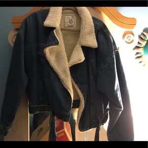 Pull&Bear Zip Front Denim Jacket w/Fleece collar